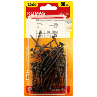 Wkręty Do Drewna Płyt Gk 3,5x55mm Czarne Ph2 Blister 50szt Klimas Bgd-35055